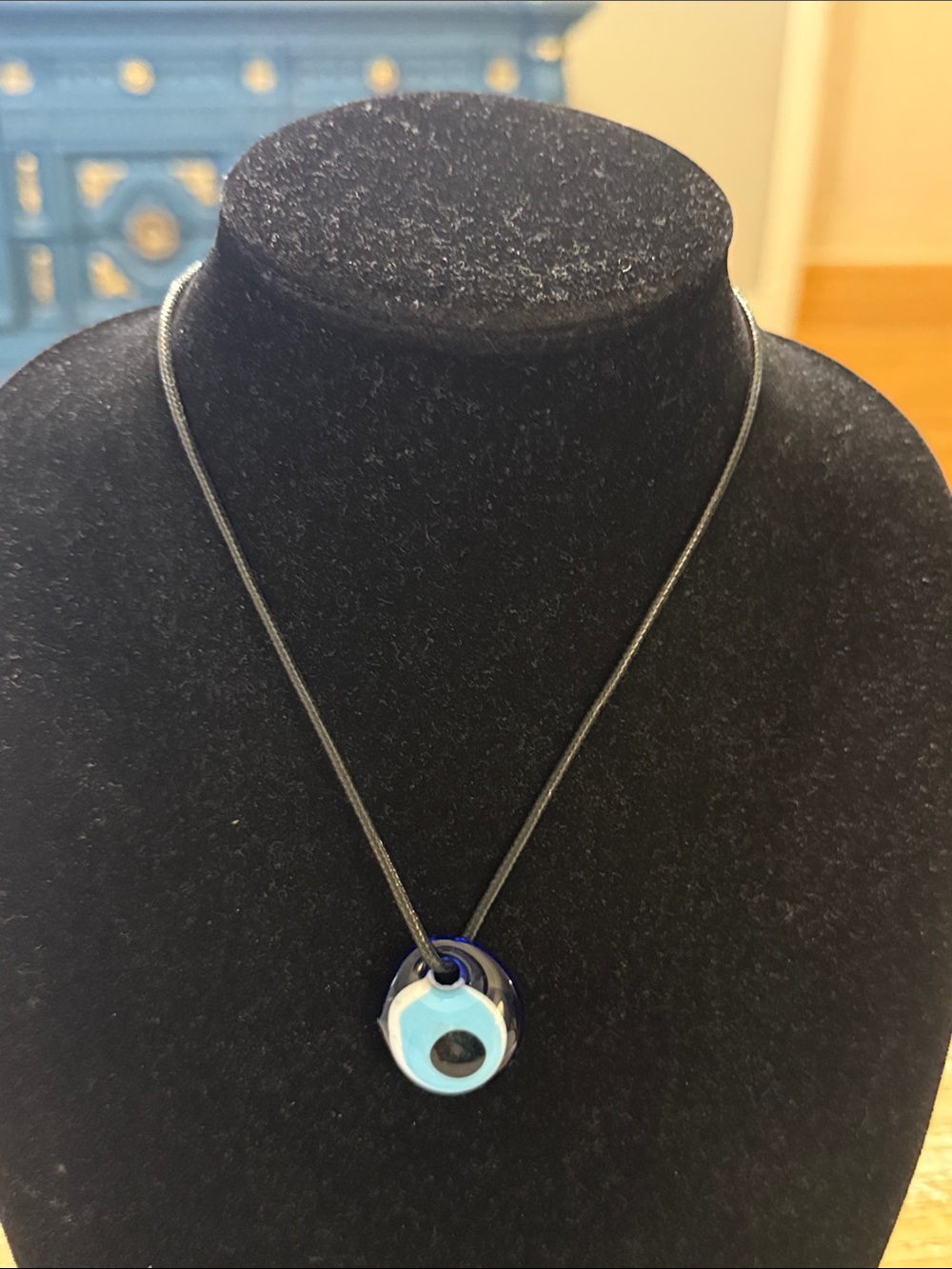 Vintage Black Rope Blue Evil Eye Pendant Statement Necklace